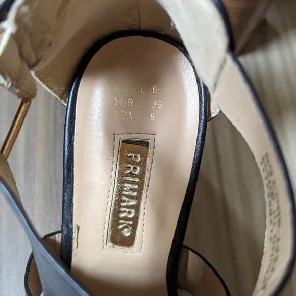 Primark Women's Blocked Heel Sandals Gold Buckle Black Strap 3 1/2” Heel… - Picture 3 of 14